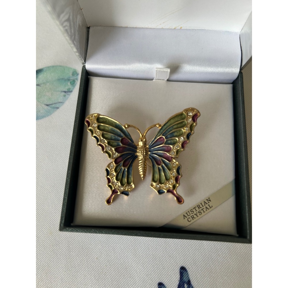 Worthington Butterfly Brooch Gold Tone Enamel Austrian Crystal Multi Color Pin